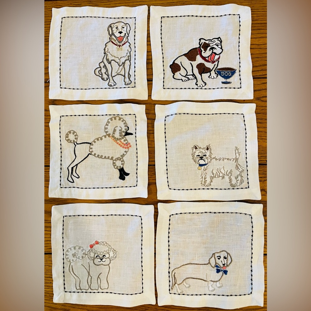 EUC Kim Seybert Linen Embroidered Dog Cocktail Napkins, set of 6